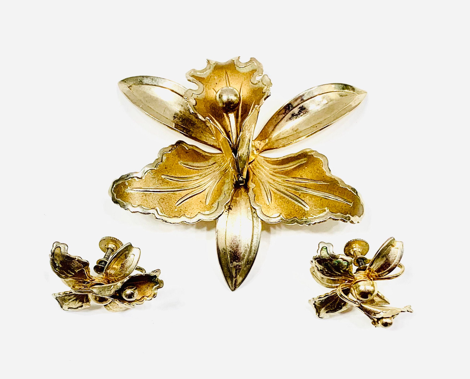 Lily Flower Jewelry Set Gold Tone Brooch Screw Back Etsy