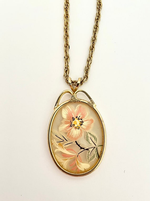 Gold Tone Pressed Flower Pendant Necklace, Dried … - image 2