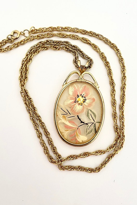 Gold Tone Pressed Flower Pendant Necklace, Dried … - image 1