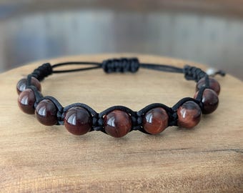 Pulsera de ojo de tigre rojo, pulsera unisex de macramé, plata de ley - Joyería de cristal con piedras preciosas AAA