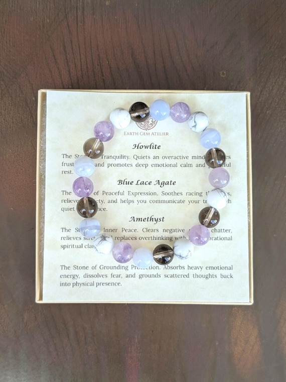 Calm Mind & Stress Relief Bracelet – Amethyst, Howlite, Blue Lace Agate, Smoky Quartz – Anxiety Support Gift