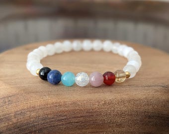 Pulsera de piedra lunar de 7 chakras con baño de oro en plata de ley – Pulsera de yoga - Joyería con piedras preciosas