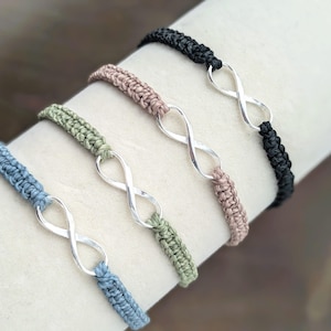 Infinity Bracelet - Macrame, Sterling Silver - Waterproof Adjustable Boho Jewelry - Friendship Bracelet - Custom Colors