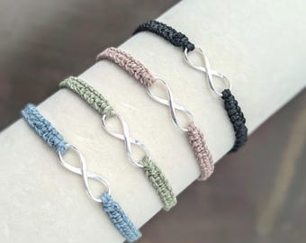 Macrame Infinity Bracelet with Sterling Silver Charm - Waterproof Adjustable Boho Jewelry - Custom Colors