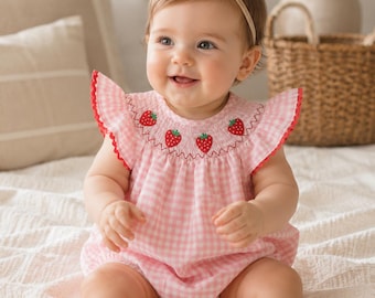 Baby Girls Strawberry Gingham Smocked Romper