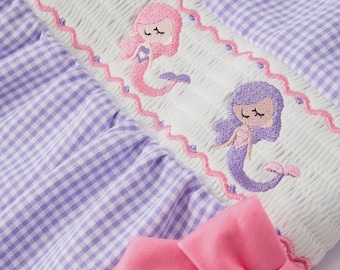 Purple Gingham Mermaid Smocked Girls Dress
