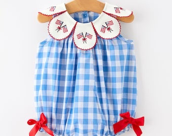 Baby Girls 4th of July Plaid Peter Pan Collar Romper