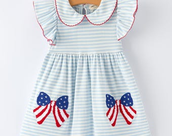 4th of July Stripe Girls Dress Bow Peter Pan Collar