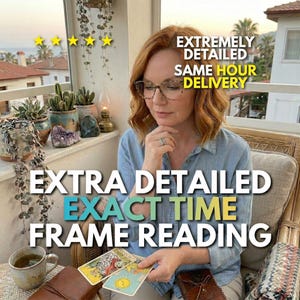 May include: A person with shoulder-length auburn hair wearing tortoiseshell glasses and a blue button-down shirt. They are holding two tarot cards. Text overlays read: EXTREMELY DETAILED SAME HOUR DELIVERY and EXTRA DETAILED EXACT TIME FRAME READING.