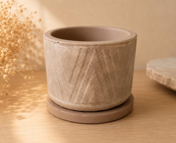 A handcrafted concrete planter in a sharp geometric form — the raw industrial texture against living plants is genuinely striking on a shelf or desk.