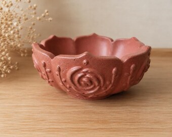 Handmade Concrete Lotus Trinket Bowl | Floral Jewelry Dish, Catchall Tray