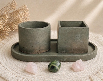 Hand Poured Concrete Planter Set | Minimalist Desk Tray, Succulent Pot