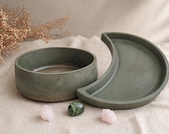 Crescent Moon Concrete Tray Set | Crystal Charging Dish, Altar Decor | Moon Phase Home