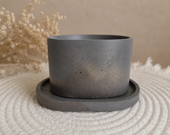 Hand-Poured Concrete Planter with Saucer | Minimalist Stone Texture Pot