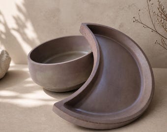 Crescent Moon Concrete Tray Set | Crystal Charging Dish, Altar Decor | Moon Phase Home