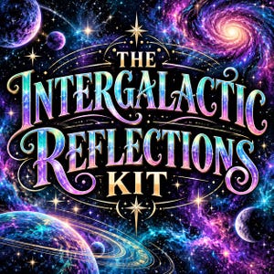 May include: A graphic design featuring the text THE INTERGALACTIC REFLECTIONS KIT in gold lettering with a gradient fill. The background displays a vibrant space scene with swirling purple, blue, and pink nebulae, glowing stars, and planets.
