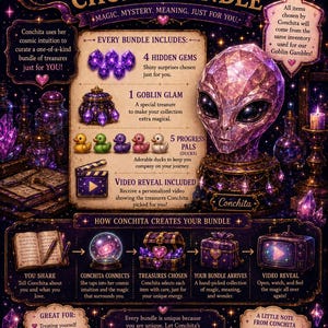 May include: A promotional graphic for Conchita's Choice Bundle featuring a purple crystalline alien head, four purple gems, a treasure chest, and five small colored ducks. The text includes details about a video reveal and the bundle contents.