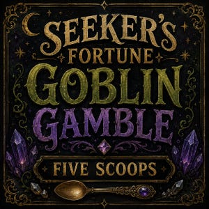 May include: A square graphic print featuring the text SEEKER'S FORTUNE GOBLIN GAMBLE and FIVE SCOOPS in gold, green, and purple lettering. The design includes ornate gold filigree borders, clusters of purple crystals, and a metallic spoon.