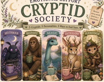 Sociedade de Criptídeos para Apoio Emocional/ Pacote Imprimível Aconchegante de Criptídeos/ Homem-Mariposa, Pé-Grande, Nessie, Jackalope, Pukwudgie/ Sugestões e Afirmações para Diário