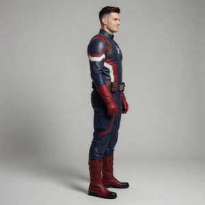 K&ouml;nnte beinhalten: Ein marineblaues und rotes Superheldenkost&uuml;m mit einem wei&szlig;en Streifen auf der Vorderseite. Das Kost&uuml;m umfasst einen passenden Helm, Handschuhe und Stiefel. Ein brauner G&uuml;rtel mit Taschen wird um die Taille getragen. Das Kost&uuml;m hat ein Sternemblem auf der Brust.