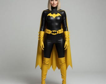 Batgirl Leder Catsuit Umhang Gürtel Superheld Cosplay Kostüm Outfit