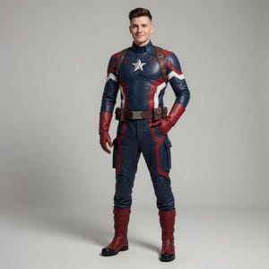 K&ouml;nnte beinhalten: Ganzk&ouml;rperaufnahme eines Captain America-Kost&uuml;ms. Das Kost&uuml;m ist &uuml;berwiegend marineblau mit roten und wei&szlig;en Akzenten. Es hat einen wei&szlig;en Stern auf der Brust, einen braunen G&uuml;rtel, Handschuhe und Stiefel. Die Person l&auml;chelt.