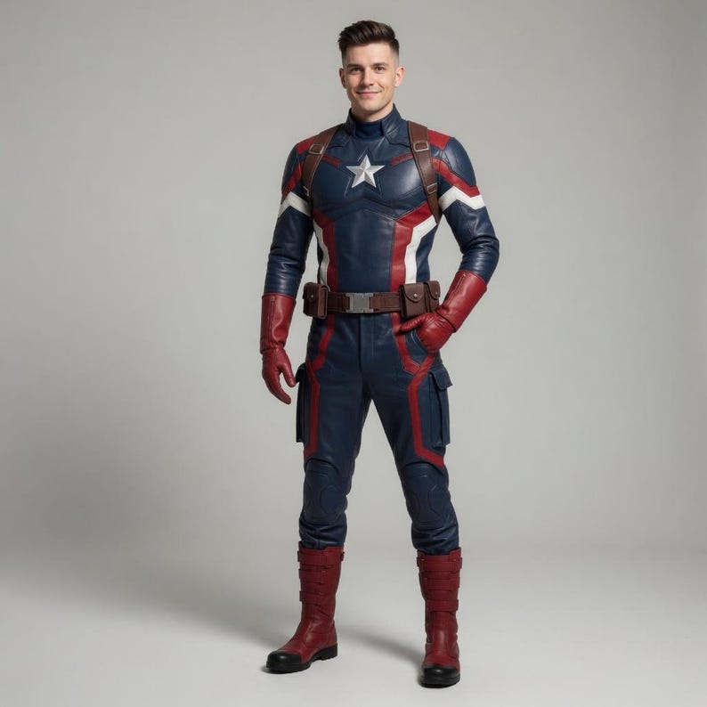 K&ouml;nnte beinhalten: Ganzk&ouml;rperaufnahme eines Captain America-Kost&uuml;ms. Das Kost&uuml;m ist &uuml;berwiegend marineblau mit roten und wei&szlig;en Akzenten. Es hat einen wei&szlig;en Stern auf der Brust, einen braunen G&uuml;rtel, Handschuhe und Stiefel. Die Person l&auml;chelt.