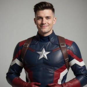 K&ouml;nnte beinhalten: Eine Person in einem Captain America-Kost&uuml;m. Das Kost&uuml;m ist &uuml;berwiegend marineblau mit roten und wei&szlig;en Akzenten, einem wei&szlig;en Stern auf der Brust und braunen Riemen. Die Person tr&auml;gt auch rote Handschuhe.