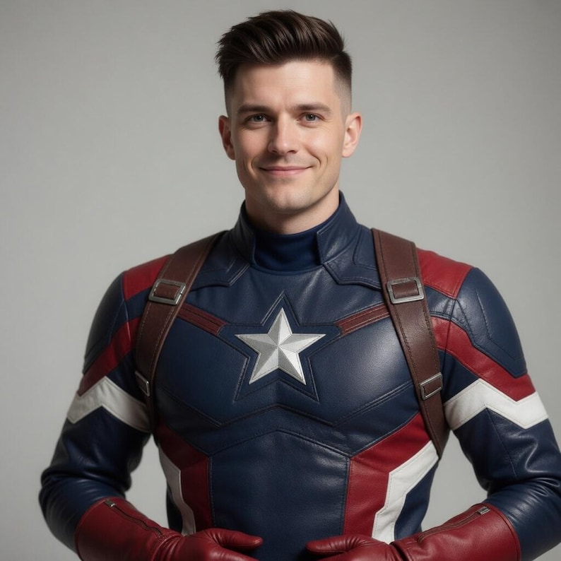 K&ouml;nnte beinhalten: Eine Person in einem Captain America-Kost&uuml;m. Das Kost&uuml;m ist &uuml;berwiegend marineblau mit roten und wei&szlig;en Akzenten, einem wei&szlig;en Stern auf der Brust und braunen Riemen. Die Person tr&auml;gt auch rote Handschuhe.