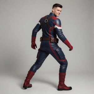 K&ouml;nnte beinhalten: Ein marineblaues und rotes Superheldenkost&uuml;m mit lederartigem Aussehen. Das Outfit umfasst eine Jacke, eine Hose, Handschuhe und Stiefel. Die Jacke hat wei&szlig;e Akzente und einen braunen Gurt. Die Hose hat Cargotaschen und rote Streifen. Die Stiefel sind weinrot.