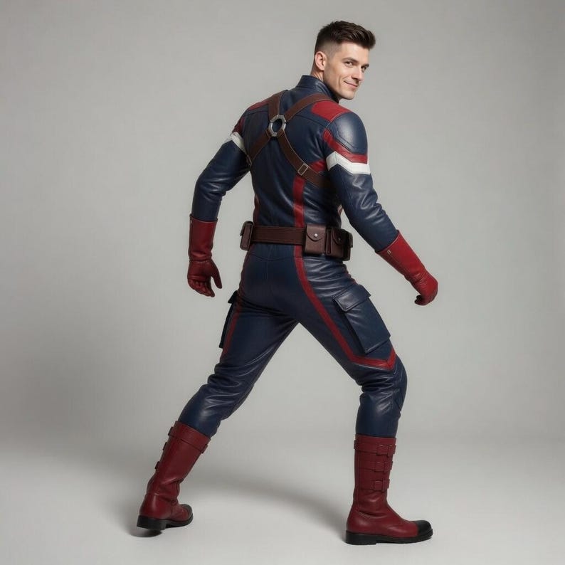 K&ouml;nnte beinhalten: Ein marineblaues und rotes Superheldenkost&uuml;m mit lederartigem Aussehen. Das Outfit umfasst eine Jacke, eine Hose, Handschuhe und Stiefel. Die Jacke hat wei&szlig;e Akzente und einen braunen Gurt. Die Hose hat Cargotaschen und rote Streifen. Die Stiefel sind weinrot.