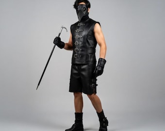 Black Plague Doctor Costume Leather Vest Shorts Mask Cane Steampunk Gothic Outfit