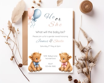 Editable Highland Cow Gender Reveal Invitation Watercolor Baby Shower Invite Rustic Baby Template Cute Cow Invitation Digital Download