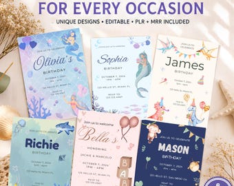 Birthday Invitation Template Bundle | Editable Canva Invitations | Mermaid Shark Dinosaur Safari Baby Shower | PLR MRR Commercial Use
