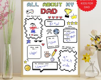 Father's Day Questionnaire All About My Dad Printable Coloring Page Kids Activity Sheet Father's Day Gift PDF Instant Download.