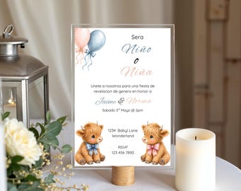 Invitación Editable Revelación de Género Vaquita Highland Invitación Baby Shower Plantilla Baby Rústica Pareja Vaquitas Descarga Digital
