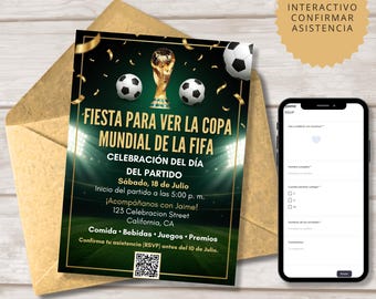 Plantilla interactiva y editable de invitación para fiesta de visualización de la Copa Mundial de la FIFA 2026 (Descarga en Canva)