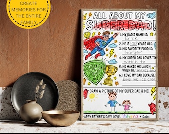 Father's Day Questionnaire All About My Super Dad Printable Coloring Page Kids Activity Sheet Father's Day Gift PDF Instant Download.