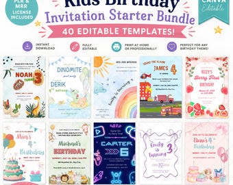 40 Kids Birthday Invitation Templates Canva Editable, Birthday Party Invite Bundle, PLR MRR Digital Product, Resell Rights, Instant Download