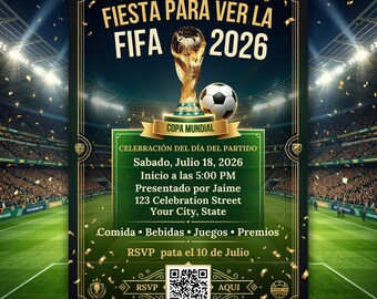 Plantilla editable de invitación para fiesta de la Copa Mundial. Invitación para ver partidos de fútbol. Descarga de Canva RSVP interactivo.