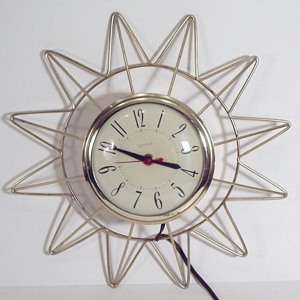 Vintage Clock, United Electric Wall Clock with retro starburst design, model 68, made in Brooklyn, New York