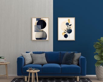 Abstract Wall Art Set of 3, Navy Blue and Gold Prints, Modern Minimalist Wall Decor, , Printable Wall Art, Digital Download