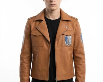 Jaqueta de couro masculina inspirada em Attack on Titan, jaqueta de couro do Regimento Scout para cosplay, presente para ele, jaqueta de couro marrom.