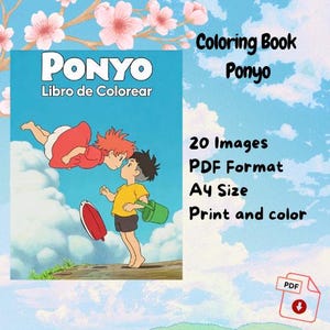 Puede incluir: Libro para colorear digital de "Ponyo". La portada muestra el título de la película y los personajes, con "Libro de Colorear" debajo. Contiene 20 imágenes en formato PDF, tamaño A4, para imprimir y colorear. Fondo de cielo y flores de cerezo.