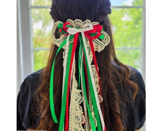 Fermaglio per capelli messicano con nastro, avorio, rosso, bianco, verde, pizzo e perline, accessorio per capelli culturale