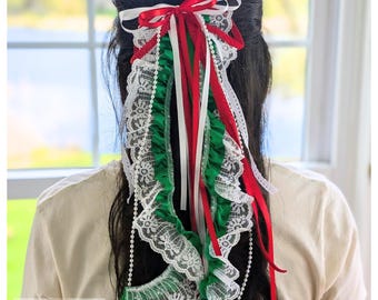 Hair Ribbon Clips, Mexican Cultural Ribbons, Hair ties, Red white and green ribbons, Resisitance ribbons