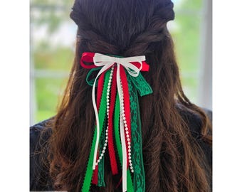 Small Mexico Hair Ribbon Clip, Red White Green Lace Beaded Cultural Hair Accessory