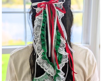 Mexican Hair  Ribbon Clips, Red White Green Lace Beaded Cultural Hair Accessories