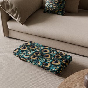 Peacock Pattern Footstool, Ottoman Stool, Upholstered Foot Rest, Wooden Accent Stool, Living Room Decor, Vanity Stool, Boho Home Decor