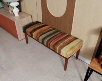 Vintage Striped Ottoman Bench, Mid Century Modern Bench, Upholstered Entryway Bench, Retro Style Furniture, Handmade Bench